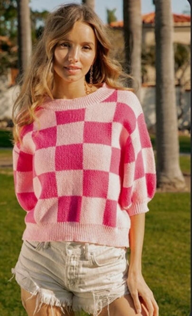 BiBi Womens Pink Checkered Short Sleeve Sweater Size Small